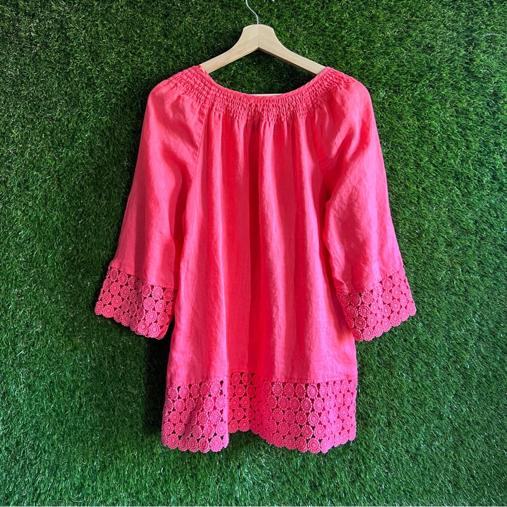 Linen Charter Club Luxury Coral Embroidered Sleeve Hem Neck Smocked Top - Picture 2 of 6